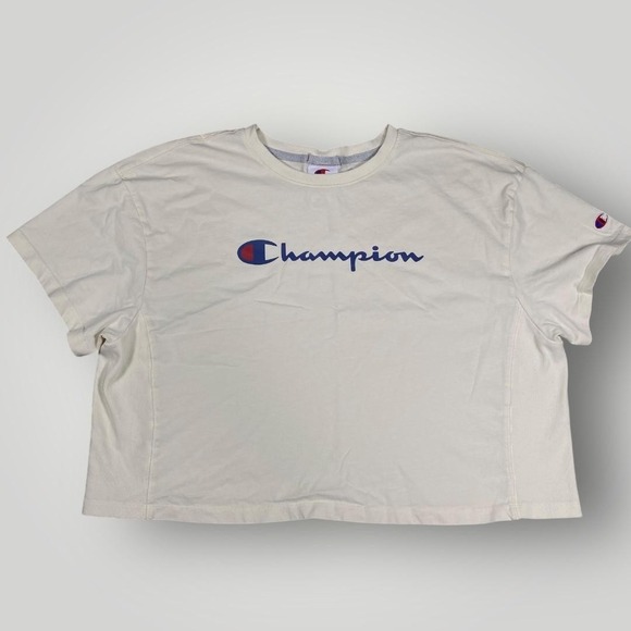 Champion Tops - Champion Shirt Womens Large White Cropped Script Logo Boxy Short Sleeve‎ C Patch